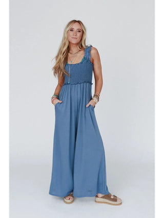 Nothing Compares Smocked Ruffle Jumpsuit - Denim