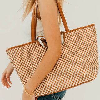 Woven Tiffany Organizer Tote Bag - Checkered Brown