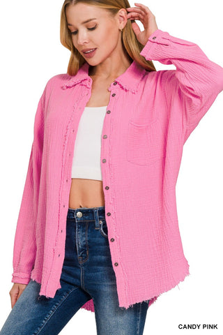 GAUZE OVERSIZED RAW EDGE SHIRT - Candy Pink
