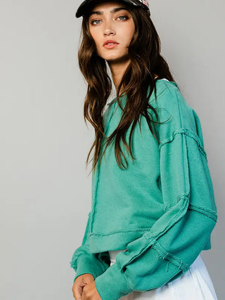 Raw-Edge Detail Solid Terry Crop Pullover Top - Green