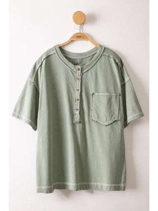 Cozy Mineral Henley Pullover - Olive