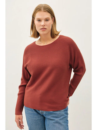 Boat Neck Dolman Sleeve Pullover Knit Top - Brick