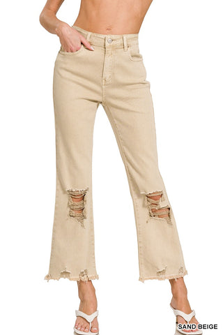 ACID WASHED DISTRESSED STRAIGHT PANTS - Sand Beige