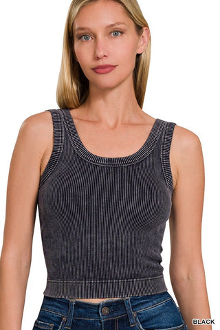 Washed Ribbed Seamless Top - Black