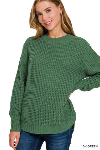 Hi-low Round Neck Waffle Sweater - Dark Green