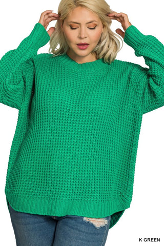 Hi-low Neck Waffle Sweater - Kelly Green