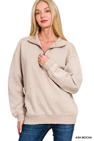 Acid Wash Fleece Half Zip Pullover - Ash Mocha