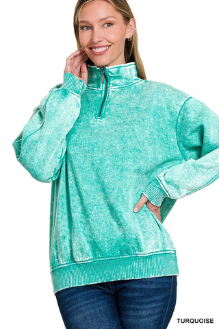 Acid Wash Fleece Half Zip Pullover - Turquoise