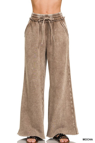 Acid Wash Fleece Palazzo Sweatpants - Mocha
