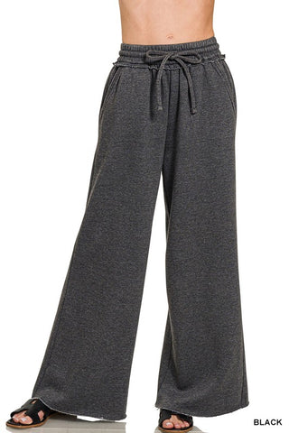 Acid Wash Fleece Palazzo Sweatpants - Black