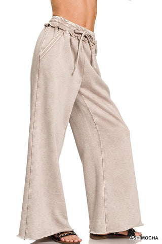Acid Wash Fleece Palazzo Sweatpants - Ash Mocha