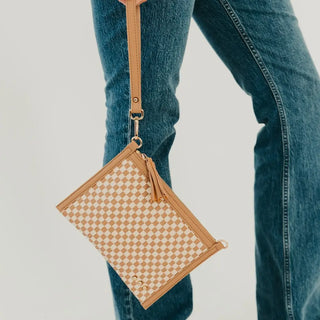 Veda Woven Crossbody and Clutch Bag - Checkered Tan