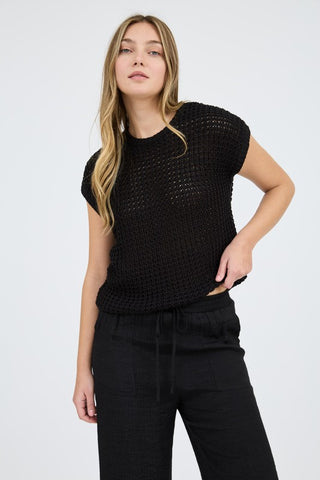 Crochet Knit Batwing Short Sleeve Sweater Top