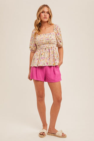Floral Print Bubble Sleeve Smocked Peplum Top