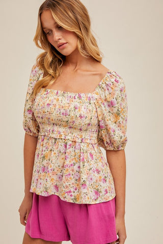 Floral Print Bubble Sleeve Smocked Peplum Top