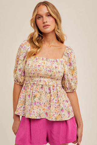Floral Print Bubble Sleeve Smocked Peplum Top