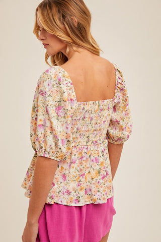 Floral Print Bubble Sleeve Smocked Peplum Top