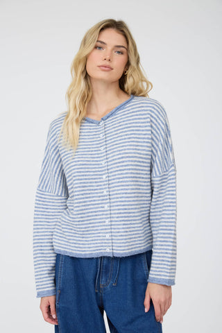 Avery Drop Shoulder Stripe Cardigan - Dusty Blue