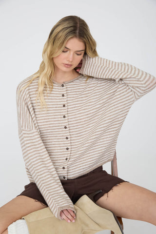 Avery Drop Shoulder Stripe Cardigan - Light Mocha