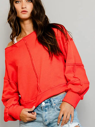 Raw-Edge Detail Solid Terry Crop Pullover Top - Red