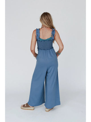 Nothing Compares Smocked Ruffle Jumpsuit - Denim