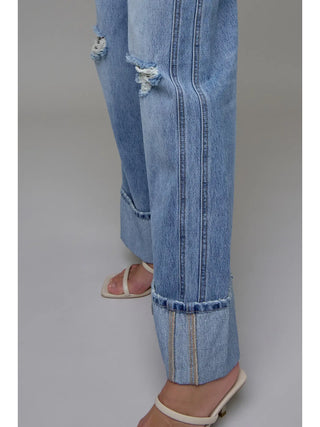 Hidden Cuffed Distressed Wide Leg Jeans