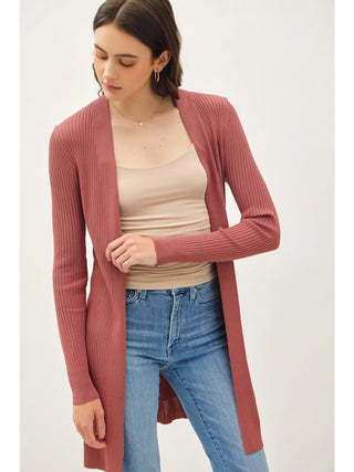 Long Ribbed Duster Open Cardigan -Marsala