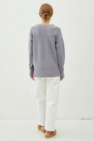 Basic Round Neck Boyfriend Fit Sweater - Slate Blue