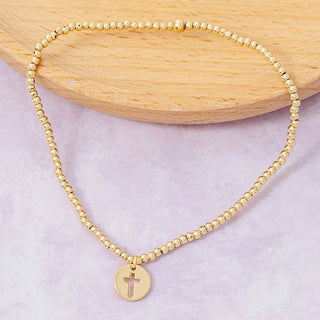 Gold Dipped Cross Coin Charm Beaded Bracelet