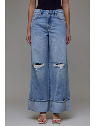 Hidden Cuffed Distressed Wide Leg Jeans