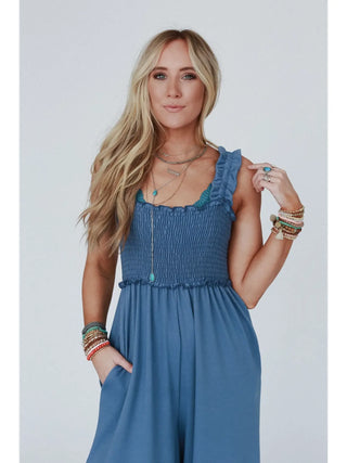 Nothing Compares Smocked Ruffle Jumpsuit - Denim