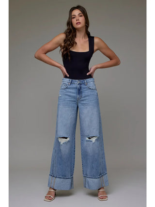 Hidden Cuffed Distressed Wide Leg Jeans