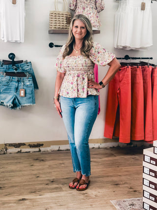 Floral Print Bubble Sleeve Smocked Peplum Top