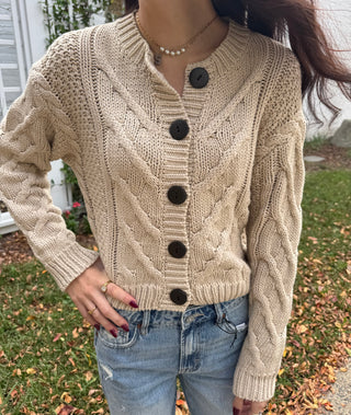 Button Front Cable Knit Sweater Cardigan - Oatmeal