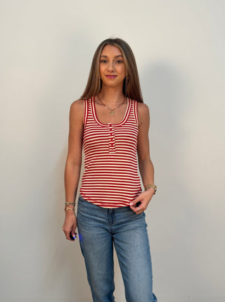 Red Harbor Striped Button Tank