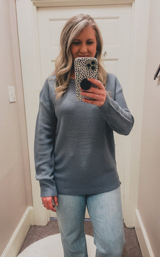 Basic Round Neck Boyfriend Fit Sweater - Slate Blue