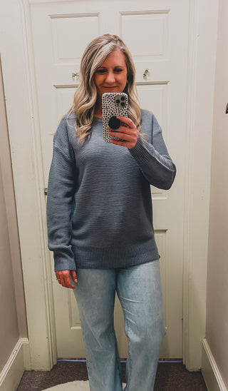 Basic Round Neck Boyfriend Fit Sweater - Slate Blue