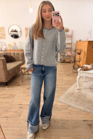 Avery Drop Shoulder Stripe Cardigan - Dusty Blue