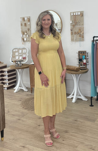 Smocked Tiered Midi Dress - Dusty Yellow
