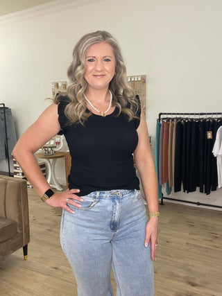 RUFFLE TRIM RIBBED SWEATER Top - Black