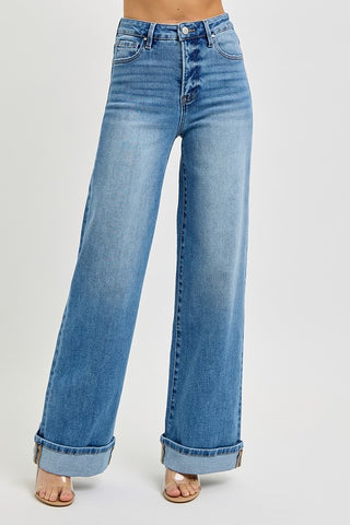 Risen Tummy Control High Rise Wide Cuffed Jeans