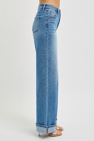 Risen Tummy Control High Rise Wide Cuffed Jeans