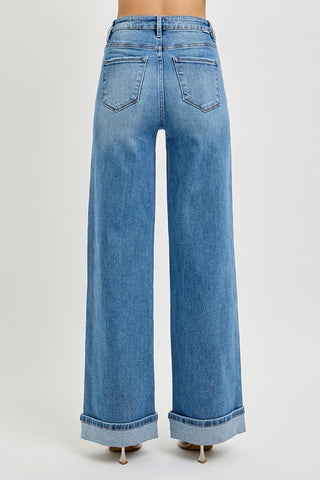 Risen Tummy Control High Rise Wide Cuffed Jeans