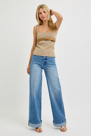 Risen Tummy Control High Rise Wide Cuffed Jeans