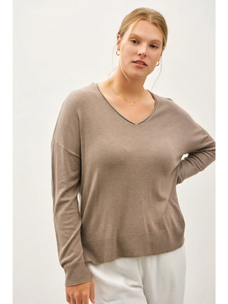 V-Neck Dropped Shoulder Sweater - Mocha