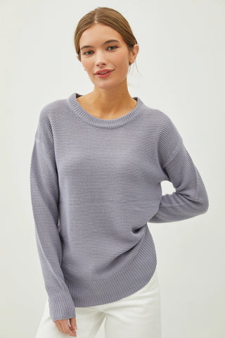 Basic Round Neck Boyfriend Fit Sweater - Slate Blue